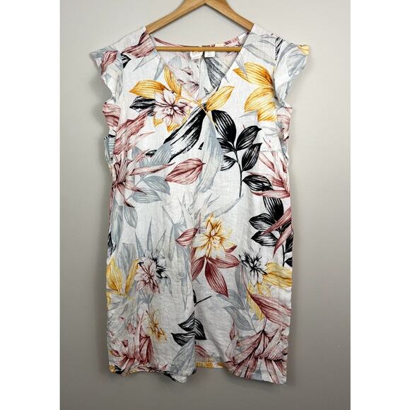 C&C California Dress Linen Floral Tropical Boho Flutter Sleeve Shift Dress XL - Picture 1 of 9